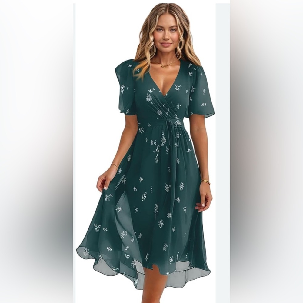 Floral Wrap Midi Dress in Deep Teal